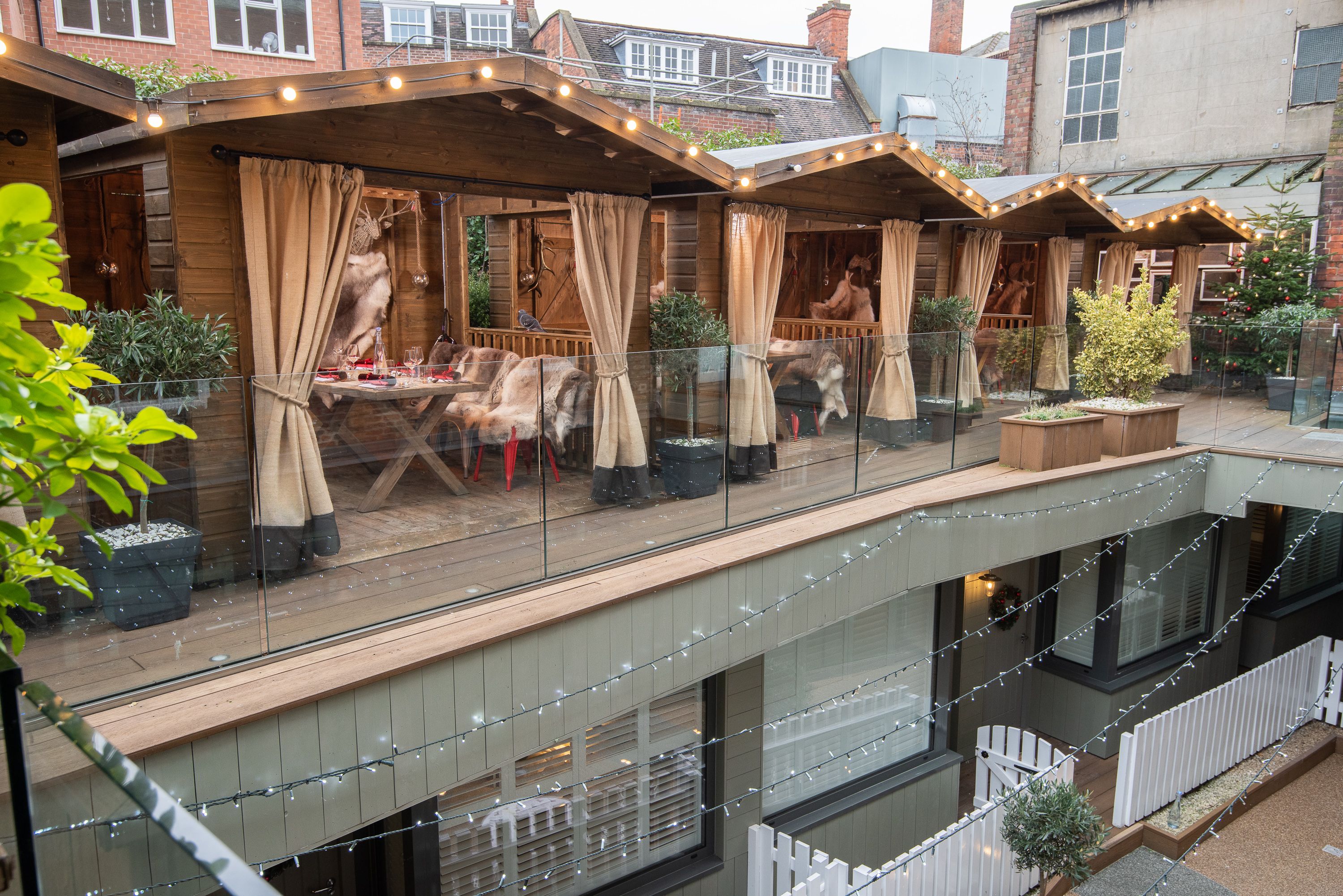 outdoor huts with christmas decorations