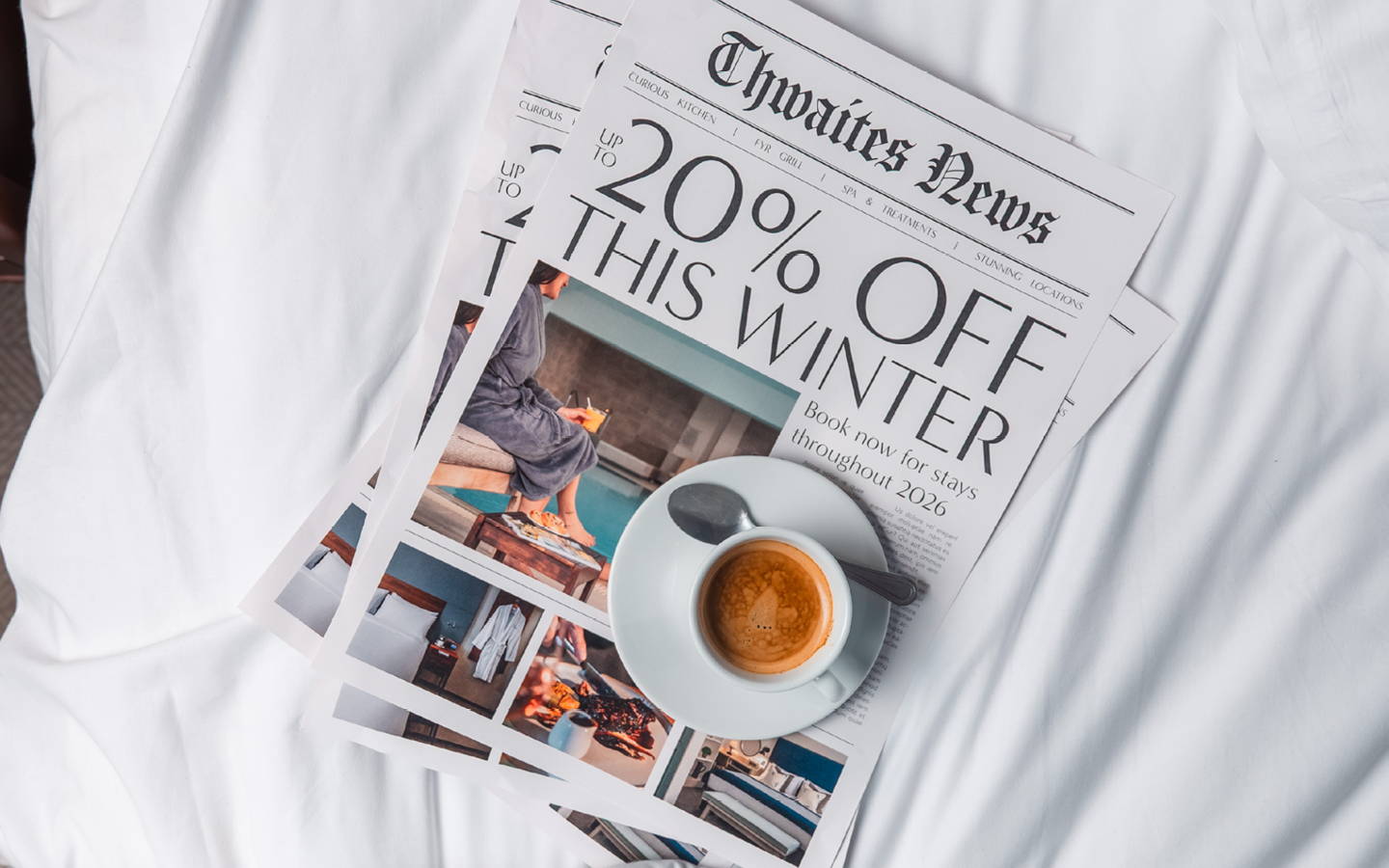"up to 20% off this winter" newspaper on bed